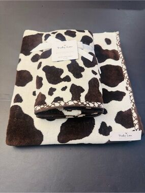 3pc TRULY LOU Bath Towel Set - Cotton Velour - Cow Print -Hot Fudge-Br/OffWhite